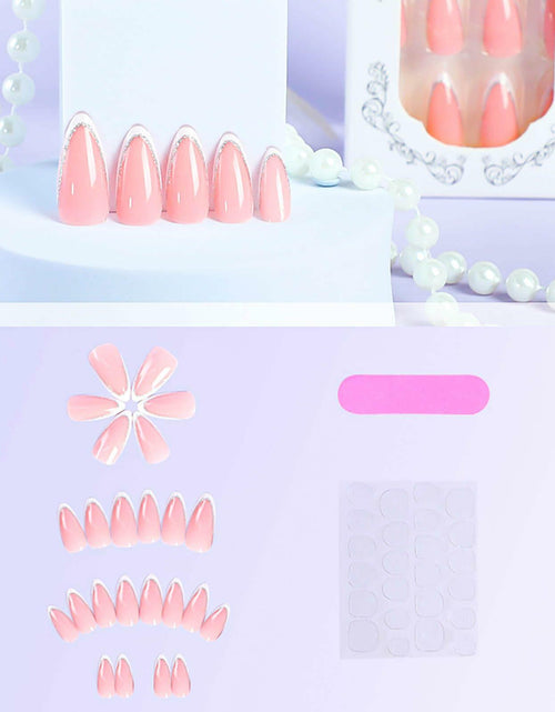 Load image into Gallery viewer, RUOKEXIN Almond Medium Pink Press On Nails Silver Glitter White Tips 24pcs
