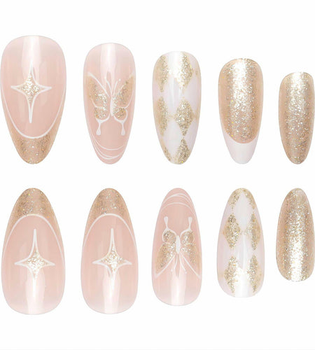 Vokupoga Press On Nails French Tip Medium Pink White Glitter 24Pcs