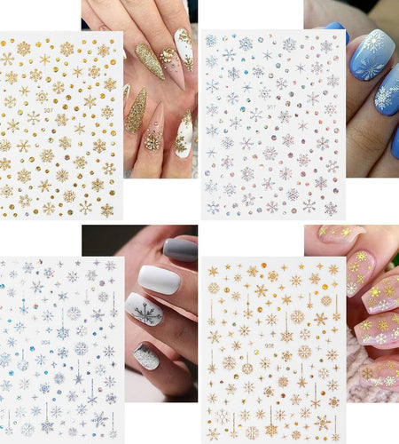 12 Sheets 3D Snowflake Nail Art Stickers Holographic Laser Gold Silver Xmas