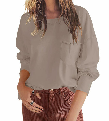 SENSERISE Womens Crewneck Sweatshirt Long Sleeve Pockets Khaki Size S