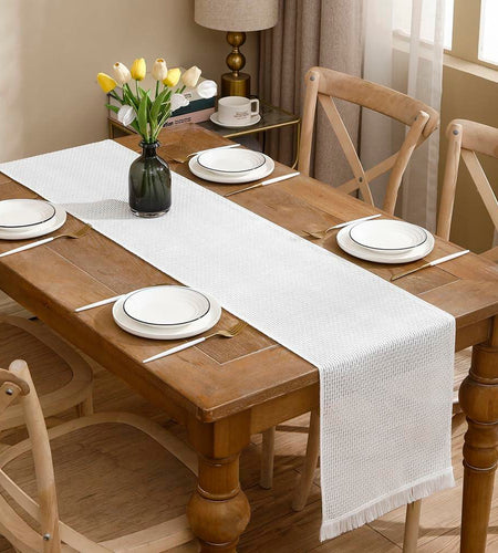 LUOYEHK Boho Table Runner With Fringe 12x108 Inch White Farmhouse Rustic