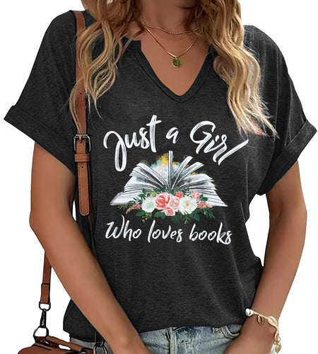 Women Book Lovers Graphic Tee V Neck Short Sleeve Dark Gray Size M