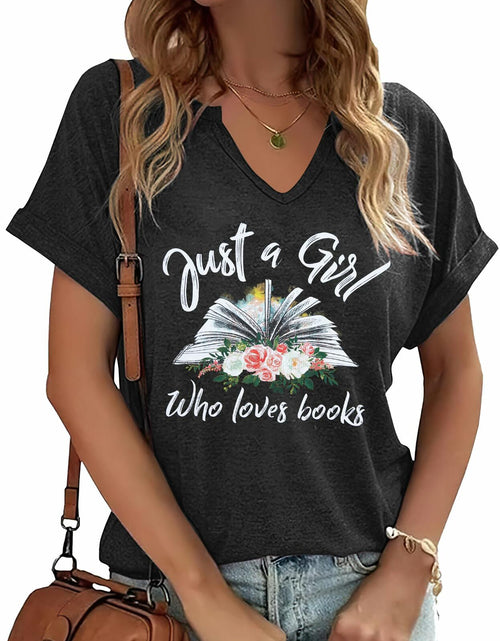 Load image into Gallery viewer, Women Book Lovers Graphic Tee V Neck Short Sleeve Dark Gray Size M

