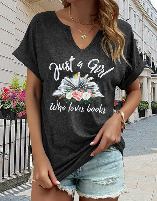 Load image into Gallery viewer, Women Book Lovers Graphic Tee V Neck Short Sleeve Dark Gray Size M

