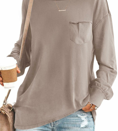 SENSERISE Womens Crewneck Sweatshirt Long Sleeve Pockets Khaki Size S