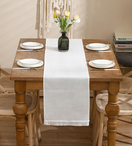 LUOYEHK Boho Table Runner With Fringe 12x108 Inch White Farmhouse Rustic