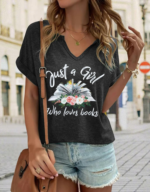 Load image into Gallery viewer, Women Book Lovers Graphic Tee V Neck Short Sleeve Dark Gray Size M
