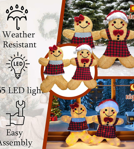ATTBEA 2FT Pre-lit Gingerbread Man Yard Decoration Set of 2 Warm White LEDs