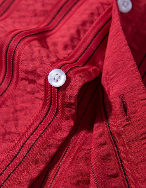 Load image into Gallery viewer, TUNEVUSE Mens Striped Hawaiian Button-Down Shirt Wine Size XL
