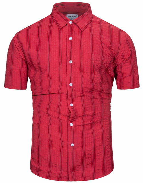 Load image into Gallery viewer, TUNEVUSE Mens Striped Hawaiian Button-Down Shirt Wine Size XL
