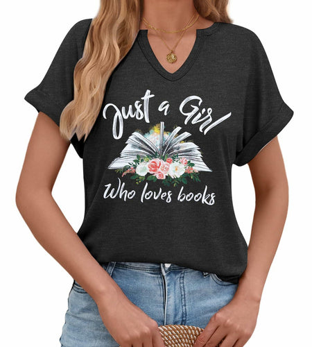 Women Book Lovers Graphic Tee V Neck Short Sleeve Dark Gray Size M