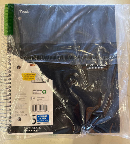 [Like New] Five Star 5-Subject Spiral Notebook College Ruled 8.5x11 Black 200 Sheets