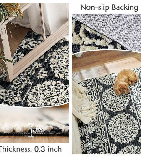 jinchan Boho Area Rug 4x6 Machine Loomed Vintage Floral Black White