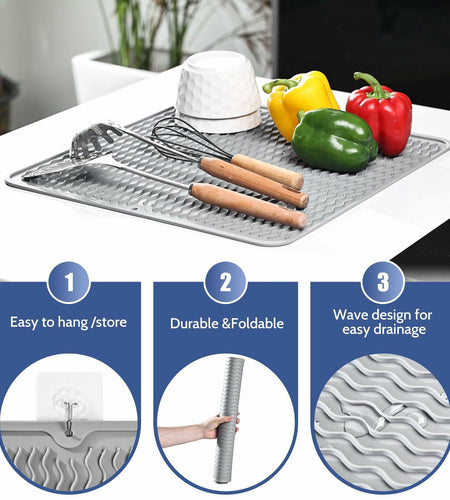 Silicone Dish Drying Mat Heat-Resistant Non-Slip Grey 15.7x17.7 Inch