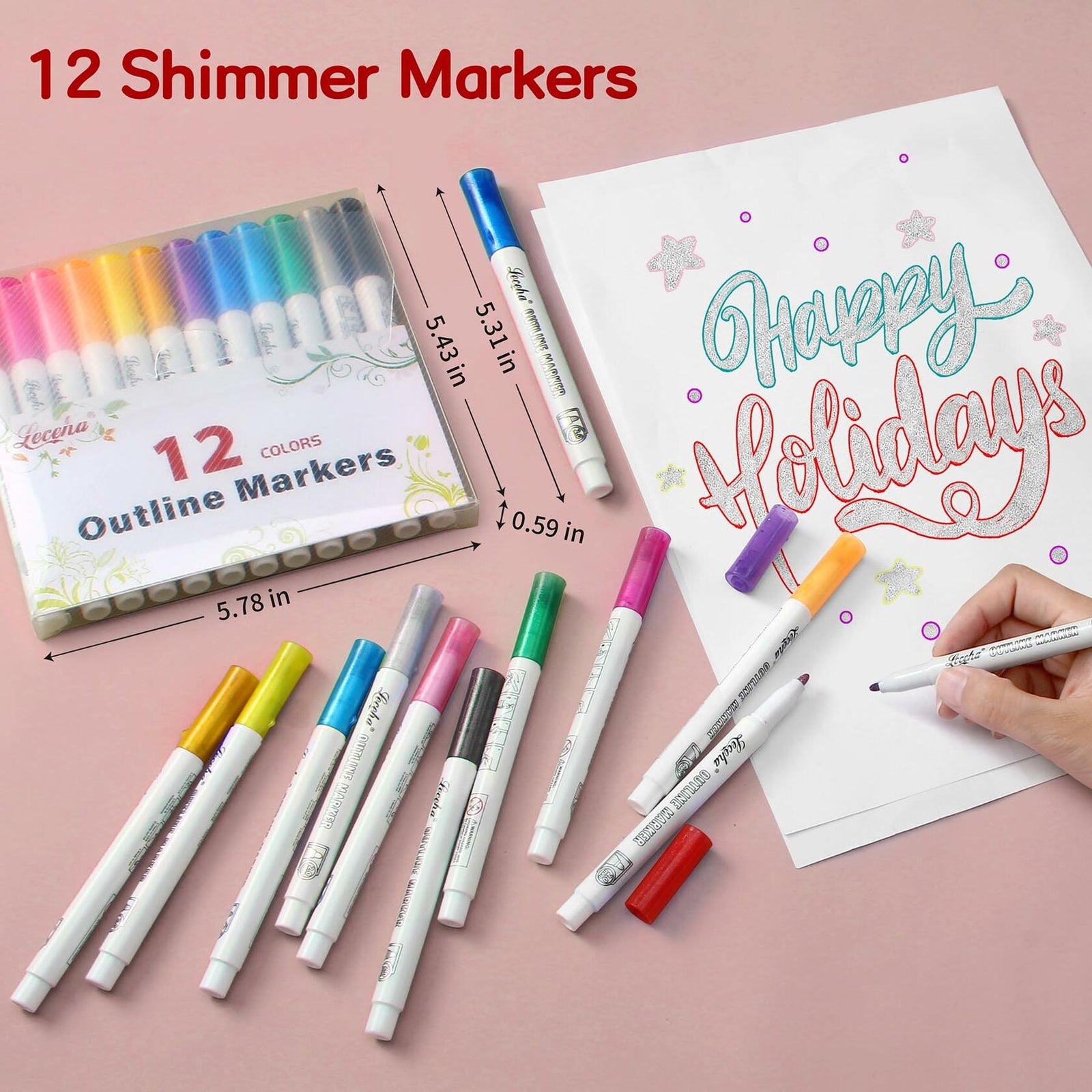 Leceha Metallic Glitter Outline Markers Pens 12 Colors Drawing Kids Teens