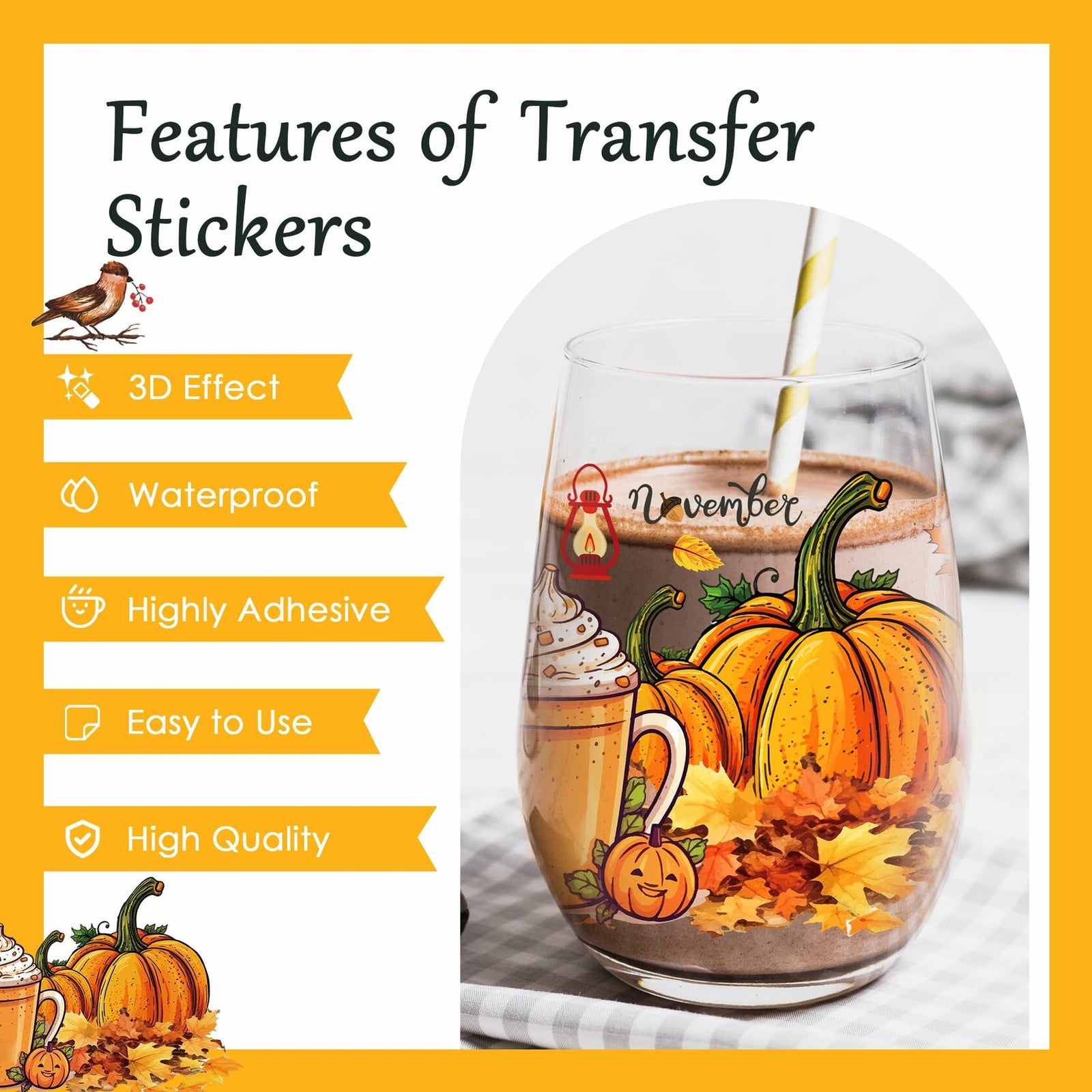 AFRITEE Transfer Stickers 8 Sheets Orange Thanksgiving Autumn Pumpkin Decor