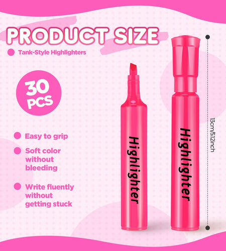 Qilery Highlighters 30 Pack Pink Tank Style Chisel Tip Quick Dry Markers
