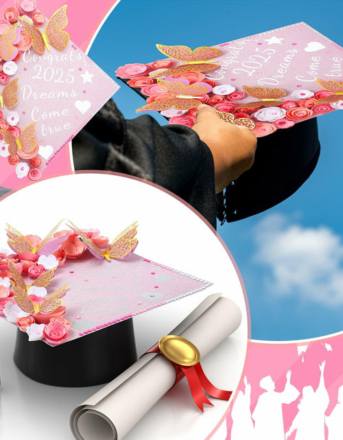 Load image into Gallery viewer, Knitgrip Graduation Cap Decoration Kit 98 Pc Pink Faux Flowers Butterfly
