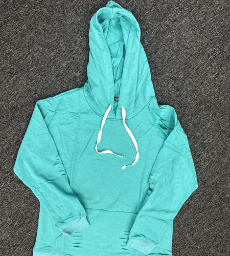 Women Hooded Distressed Sweatshirt Drawstring Kangaroo Pocket Greyblue Size M