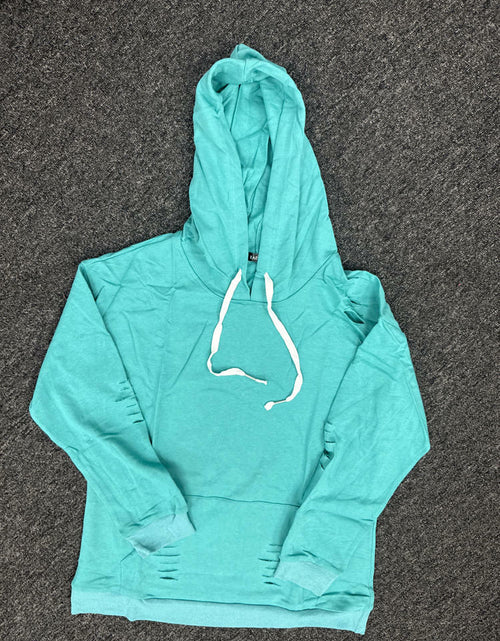 Load image into Gallery viewer, Women Hooded Distressed Sweatshirt Drawstring Kangaroo Pocket Greyblue Size M
