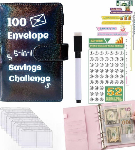100 Envelope Challenge Binder 5-in-1 Budget Planner Shining Silver