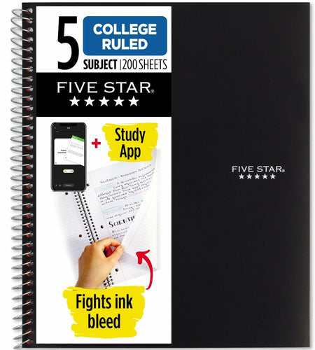 [Like New] Five Star 5-Subject Spiral Notebook College Ruled 8.5x11 Black 200 Sheets