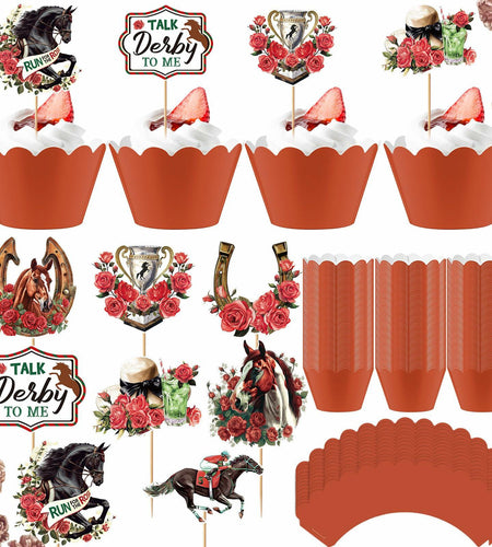 Kosiz 100 Pcs Horse Derby Cupcake Toppers Racing Party Supplies Kit