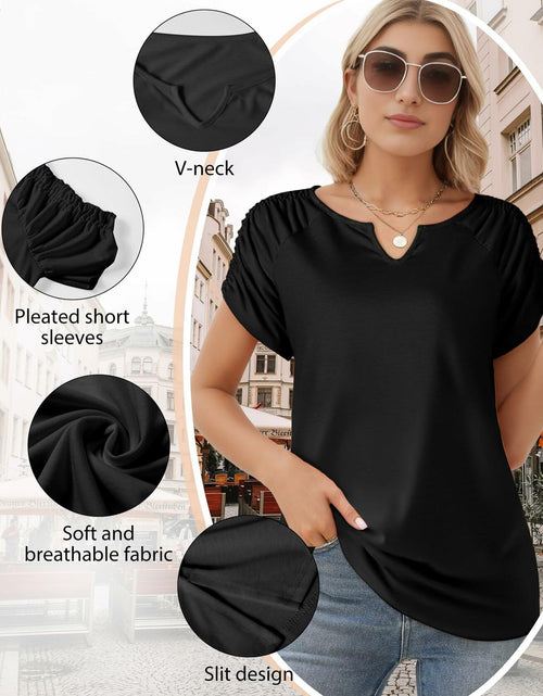 Load image into Gallery viewer, AURUZA Women's V Neck Short Sleeve Casual Shirt Blue Size S
