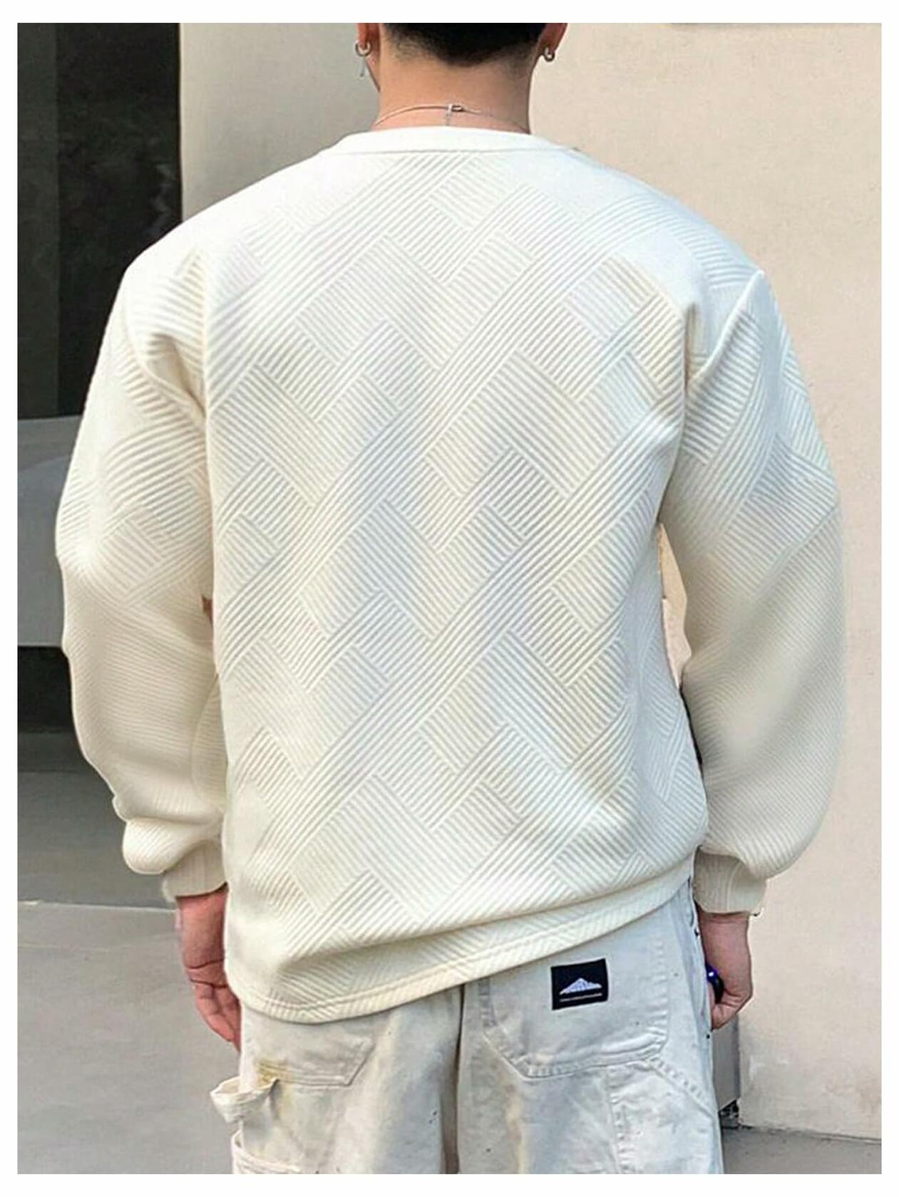 Verdusa Men's Ribbed Round Neck Long Sleeve T-Shirt Beige Size XL