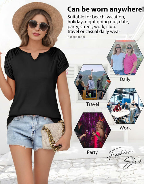 Load image into Gallery viewer, AURUZA Women's V Neck Short Sleeve Casual Shirt Blue Size S
