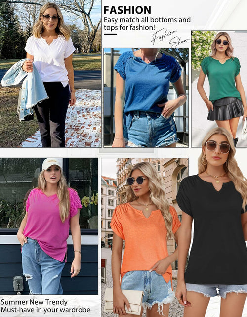 Load image into Gallery viewer, AURUZA Women's V Neck Short Sleeve Casual Shirt Blue Size S

