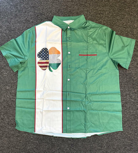 Mens St PatricksDay Flag Four Leaf Clover Button Down Shirt White Green Size 2XL