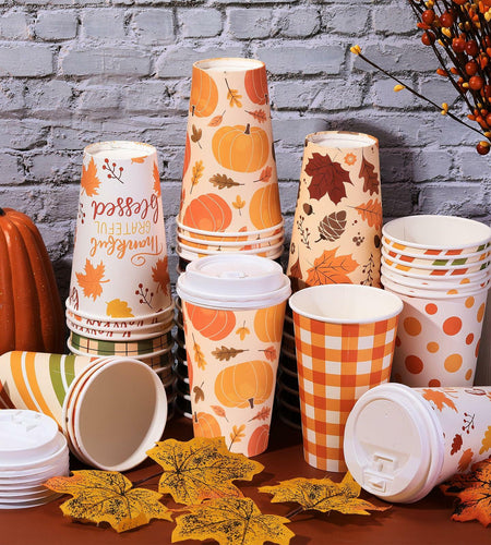 Umigy 60 Pack 16oz Fall Paper Coffee Cups with Lids & Stirrers 6 Designs