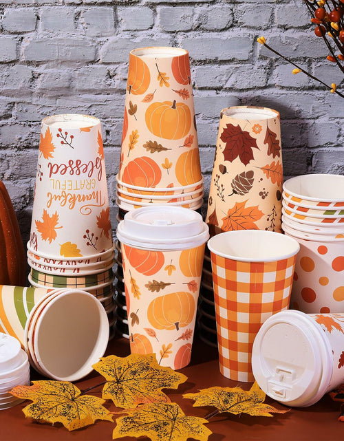 Load image into Gallery viewer, Umigy 60 Pack 16oz Fall Paper Coffee Cups with Lids &amp; Stirrers 6 Designs
