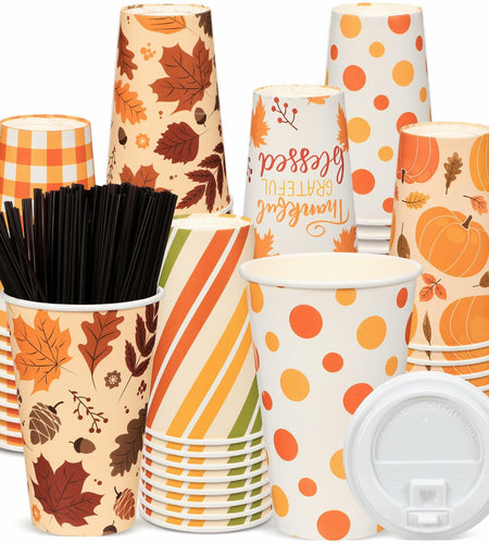 Umigy 60 Pack 16oz Fall Paper Coffee Cups with Lids & Stirrers 6 Designs