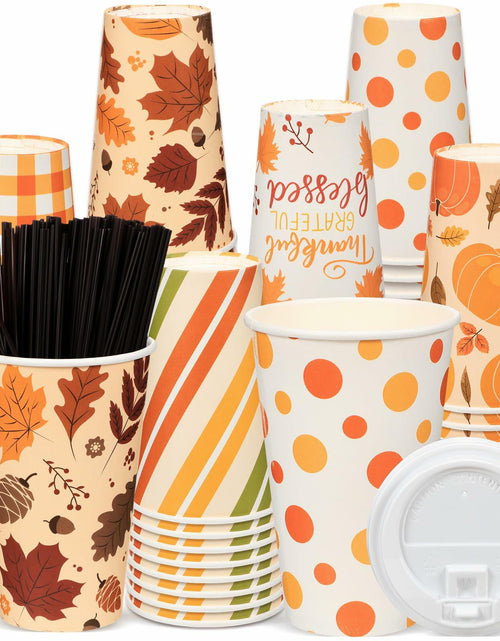 Load image into Gallery viewer, Umigy 60 Pack 16oz Fall Paper Coffee Cups with Lids &amp; Stirrers 6 Designs
