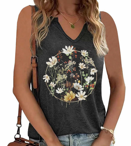 YIUIERE Womens Floral Graphic V Neck Tank Top Dark Gray Size M