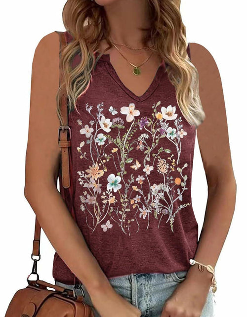 Load image into Gallery viewer, YIUIERE Womens Floral Graphic Tank Top V Neck Sleeveless Maroon Size M
