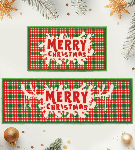 BEQHAUSE Christmas Kitchen Rugs Buffalo Plaid Non Slip Washable 17x30+17x59