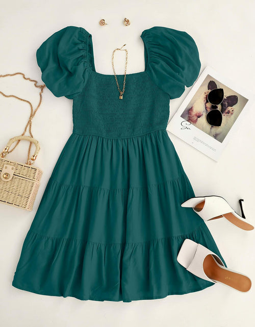 Load image into Gallery viewer, ZESICA Women's Boho Puff Sleeve Smocked Mini Dress Teal Size Small 2025
