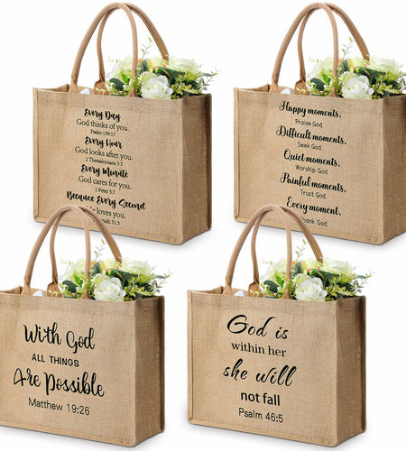4 Pack Church Mother's Day Burlap Tote Bags 15.3x12x6 Inch Brown Handle