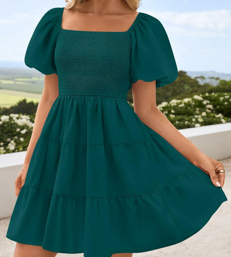 ZESICA Women's Boho Puff Sleeve Smocked Mini Dress Teal Size Small 2025
