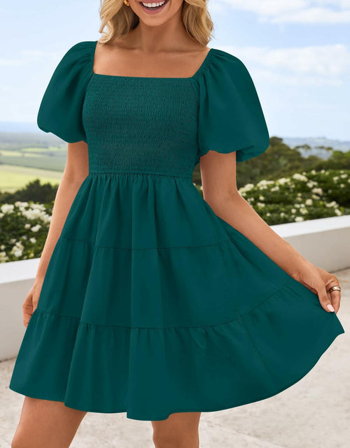 Load image into Gallery viewer, ZESICA Women's Boho Puff Sleeve Smocked Mini Dress Teal Size Small 2025
