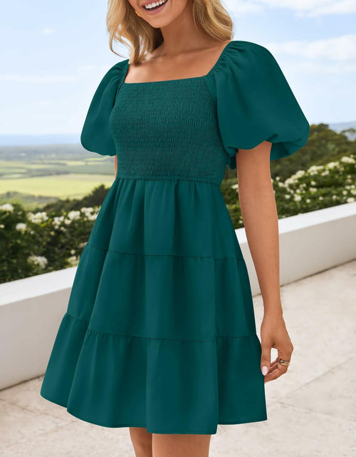 Load image into Gallery viewer, ZESICA Women's Boho Puff Sleeve Smocked Mini Dress Teal Size Small 2025
