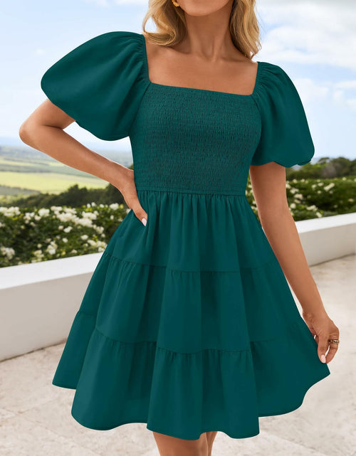 Load image into Gallery viewer, ZESICA Women's Boho Puff Sleeve Smocked Mini Dress Teal Size Small 2025

