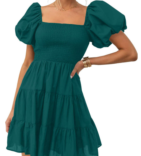 ZESICA Women's Boho Puff Sleeve Smocked Mini Dress Teal Size Small 2025