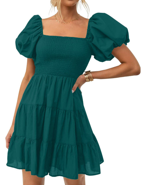Load image into Gallery viewer, ZESICA Women's Boho Puff Sleeve Smocked Mini Dress Teal Size Small 2025
