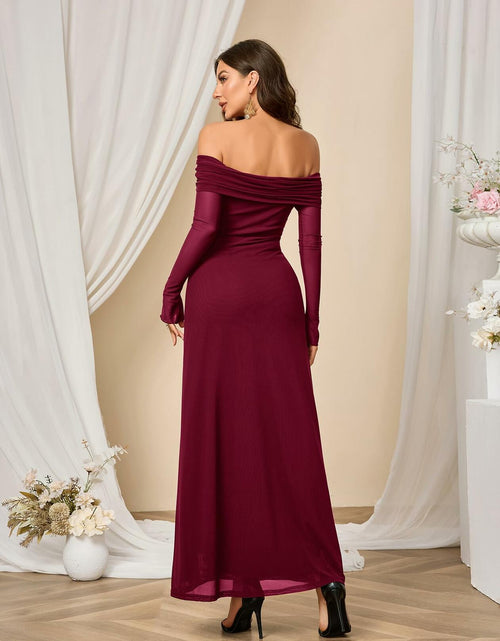 Load image into Gallery viewer, Colysmo Women Off Shoulder Mesh Bodycon Maxi Dress Burgundy Size XL
