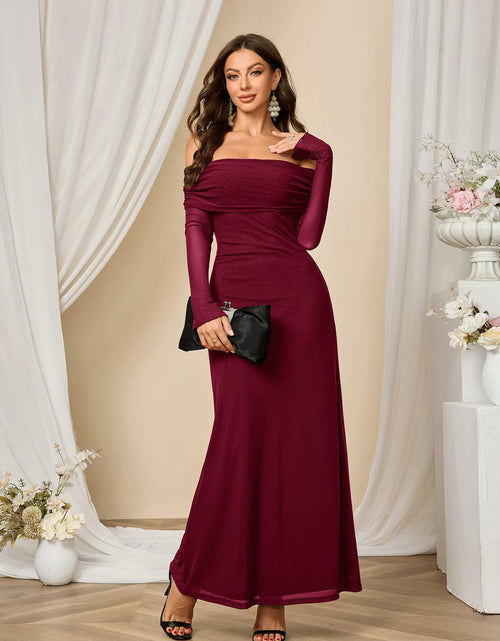 Load image into Gallery viewer, Colysmo Women Off Shoulder Mesh Bodycon Maxi Dress Burgundy Size XL
