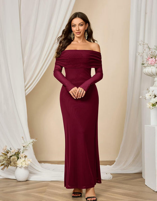 Load image into Gallery viewer, Colysmo Women Off Shoulder Mesh Bodycon Maxi Dress Burgundy Size XL
